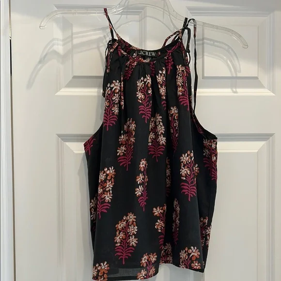 J. CREW NWT Tie-shoulder tank top in black block-print cotton voile size L - Picture 2 of 7